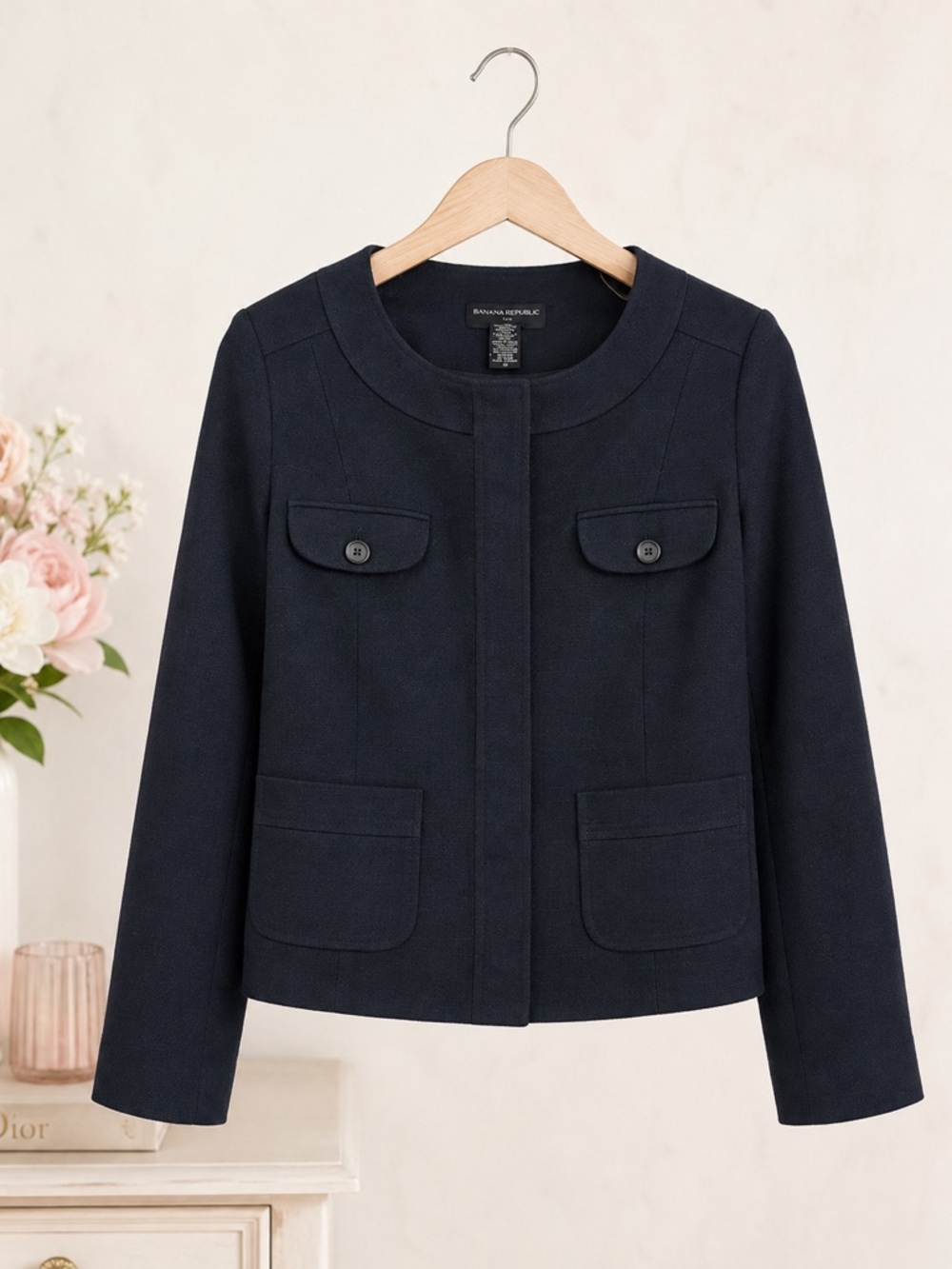 Banana Republic Size 10 Black Collarless Utility Jacket Cotton Linen Blend